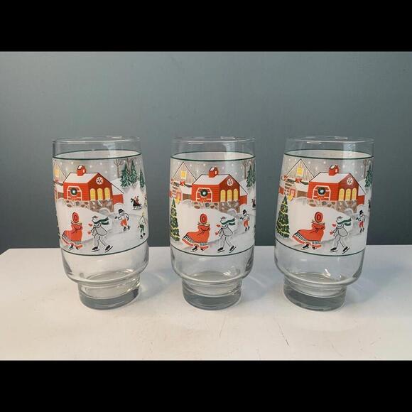 Sango Set of 3 Silent Night Christmas Glass Tumblers Joan Luntz 6” 16 oz Vintage - Picture 1 of 6